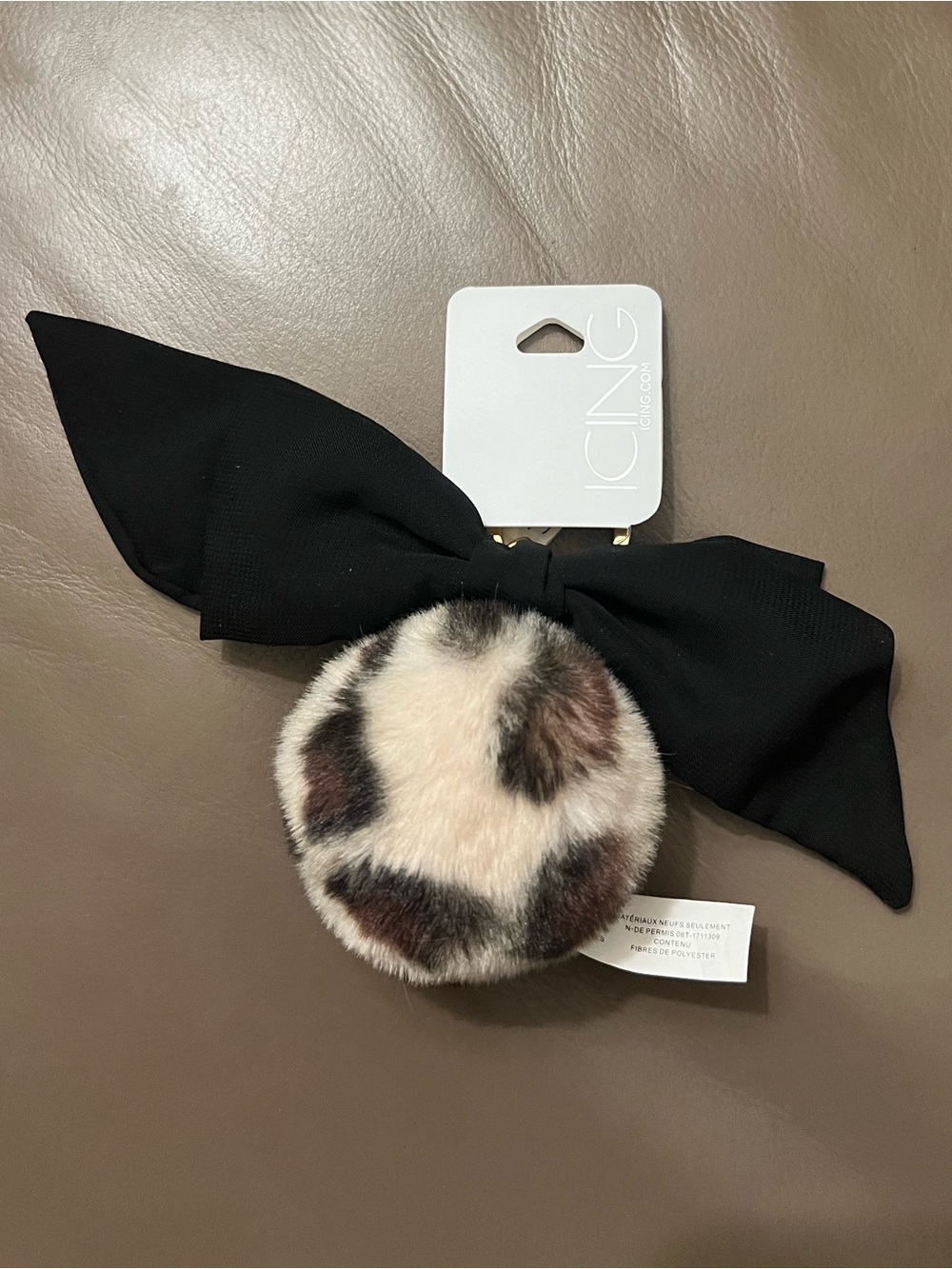 Icing Black Bow with Leopard-Print Faux Fur Pom Pom Key Charm